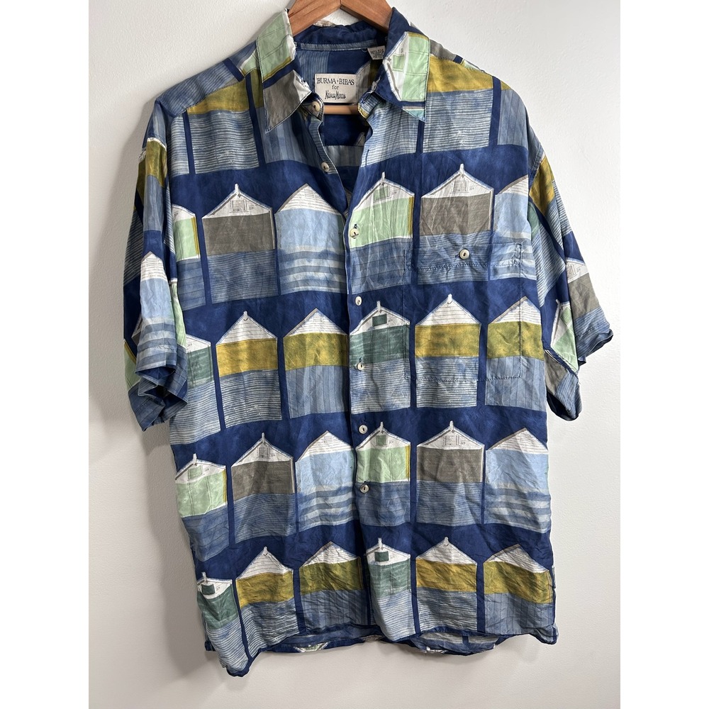 Burma Bibas Neiman Marcus Mens Medium Silk Beach Hut Novelty Hawaiian Shirt Blue
